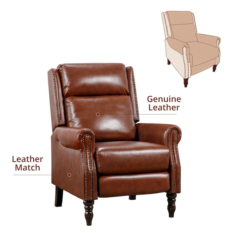 Fauteuil inclinable à dossier basculant en cuir véritable avec structure en bois massif – Camel / Marron rouge / Bleu, style Mid-Century, individuel