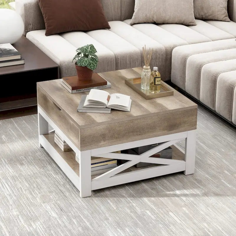 Table basse carrée de style rustique avec base en X et 2 niveaux de rangement – Brun / Gris délavé / Noyer / Gris, Option plateau relevable disponible, Unique