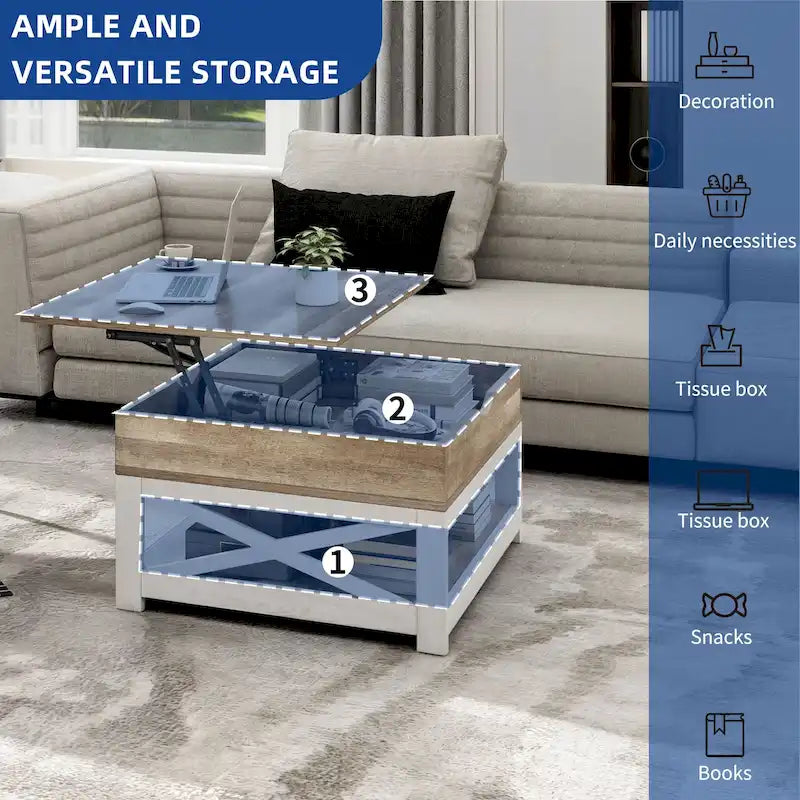 Table basse carrée de style rustique avec base en X et 2 niveaux de rangement – Brun / Gris délavé / Noyer / Gris, Option plateau relevable disponible, Unique