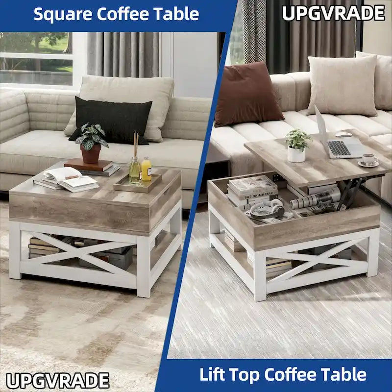 Table basse carrée de style rustique avec base en X et 2 niveaux de rangement – Brun / Gris délavé / Noyer / Gris, Option plateau relevable disponible, Unique