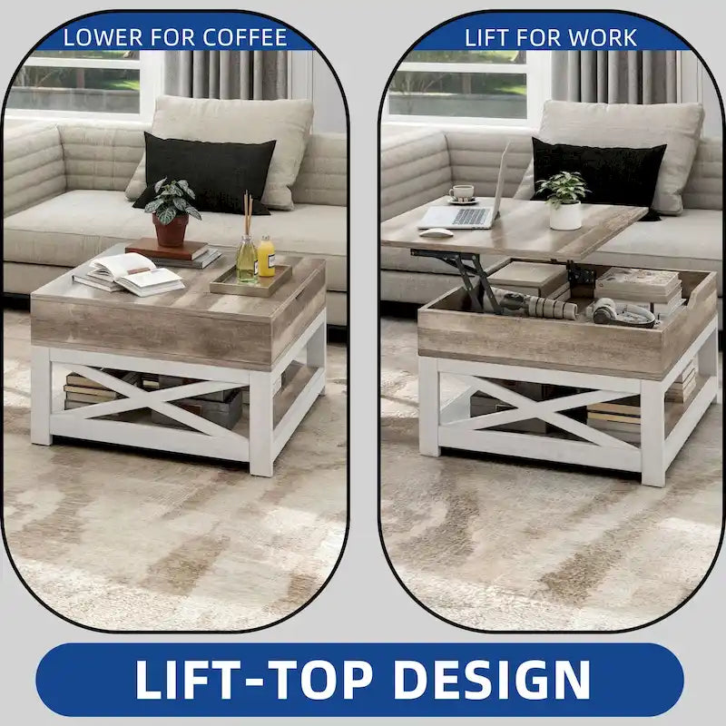 Table basse carrée de style rustique avec base en X et 2 niveaux de rangement – Brun / Gris délavé / Noyer / Gris, Option plateau relevable disponible, Unique