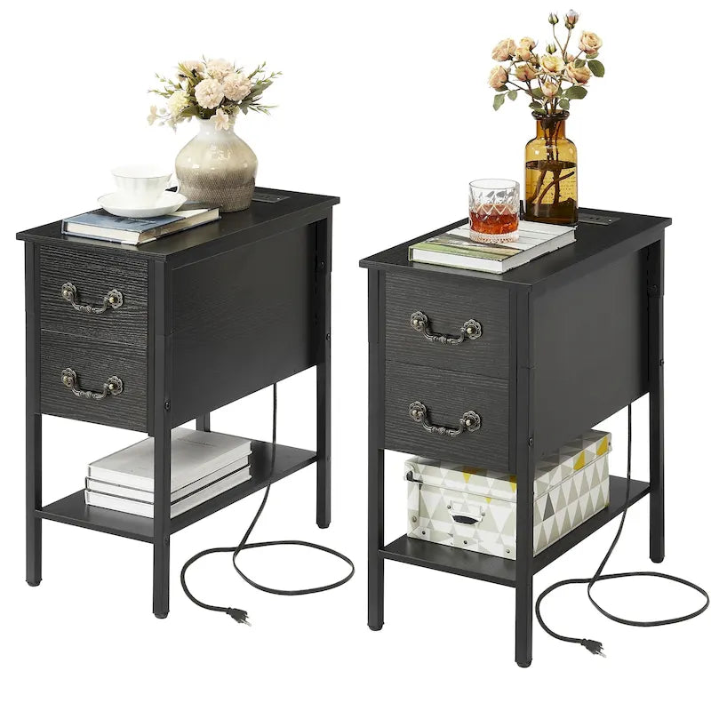Table d'appoint étroite avec 2 tiroirs et station de charge intégrée – Gris / Noir, style moderne, disponible en 1 ou 2 pièces