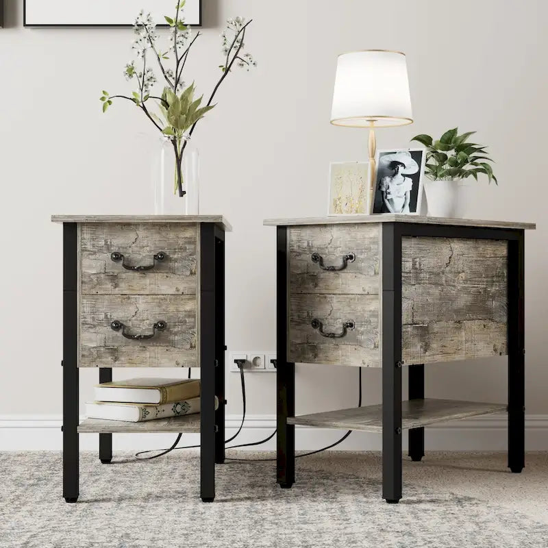 Table d'appoint étroite avec 2 tiroirs et station de charge intégrée – Gris / Noir, style moderne, disponible en 1 ou 2 pièces