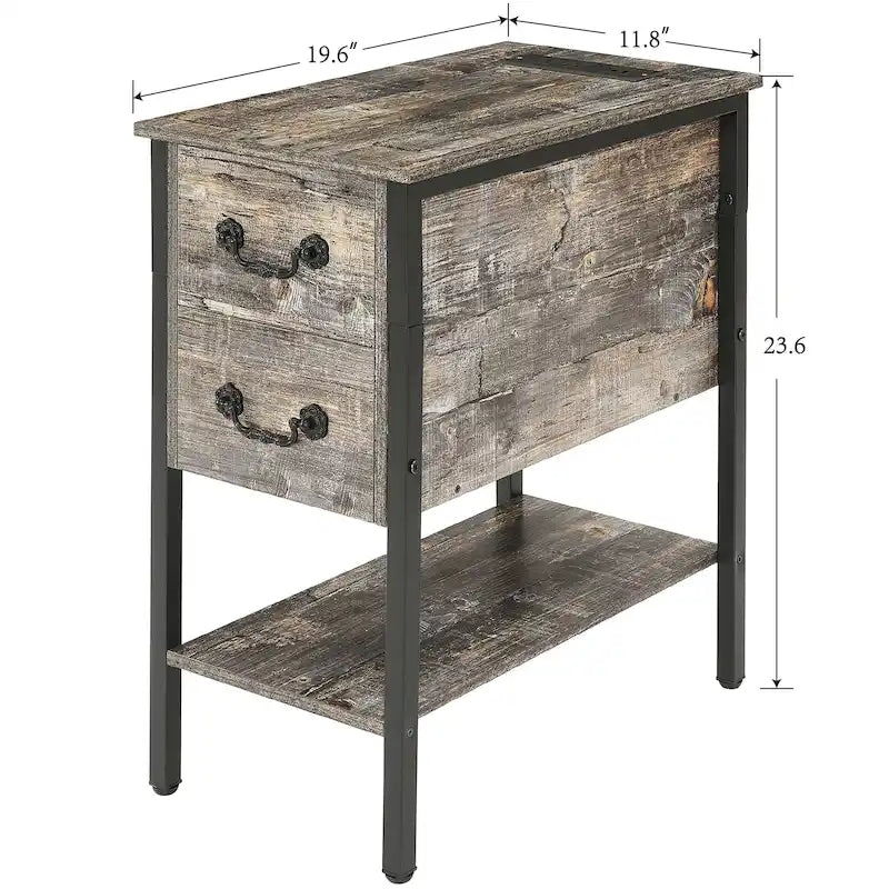 Table d'appoint étroite avec 2 tiroirs et station de charge intégrée – Gris / Noir, style moderne, disponible en 1 ou 2 pièces