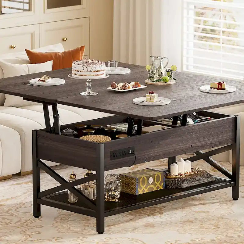 Table basse relevable avec LED et USB – Noir / Marron Rustique / Noyer Noir / Chêne Gris, Style Moderne, Simple