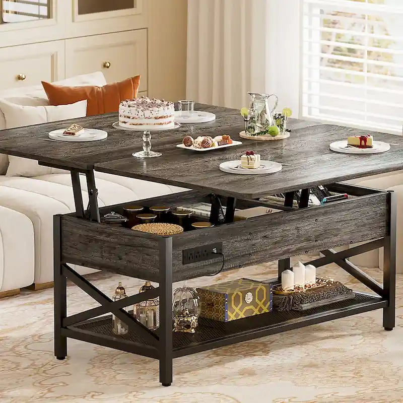 Table basse relevable avec LED et USB – Noir / Marron Rustique / Noyer Noir / Chêne Gris, Style Moderne, Simple