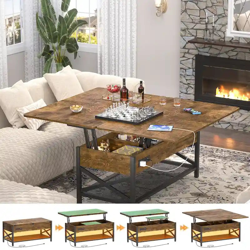 Lift Top Coffee Table with LED Lights and USB Port, Modern Farmhouse Convertible Dining Table