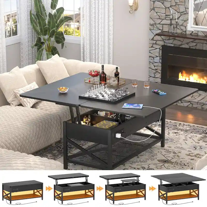 Table basse relevable avec LED et USB – Noir / Marron Rustique / Noyer Noir / Chêne Gris, Style Moderne, Simple