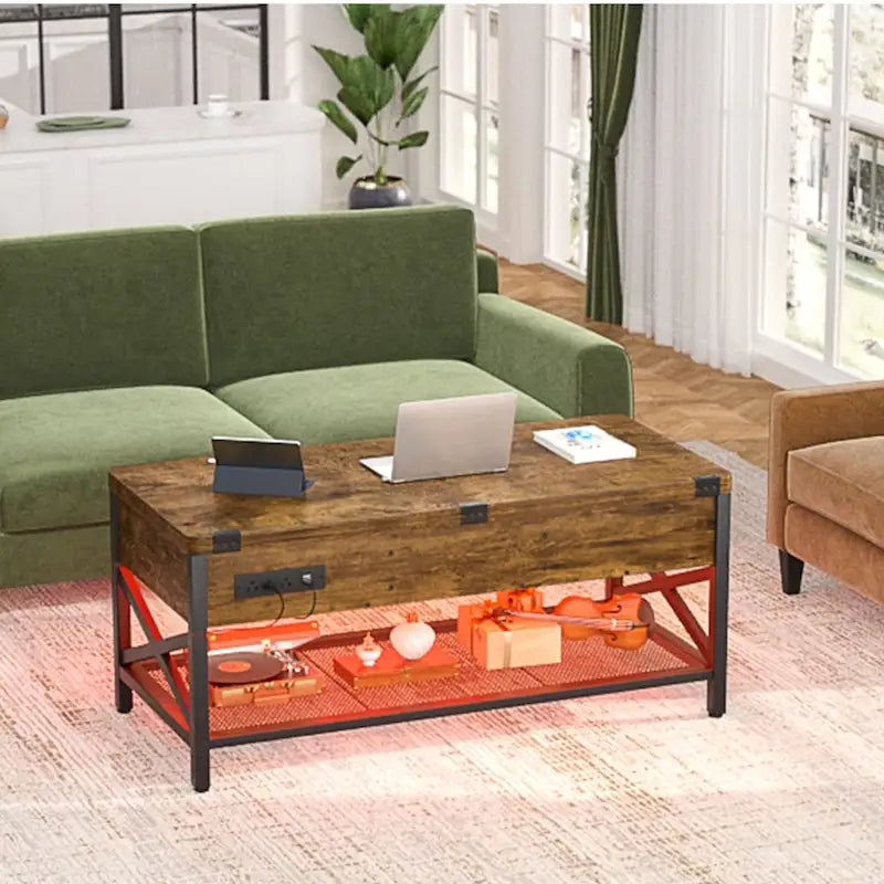 Table basse relevable avec LED et USB – Noir / Marron Rustique / Noyer Noir / Chêne Gris, Style Moderne, Simple