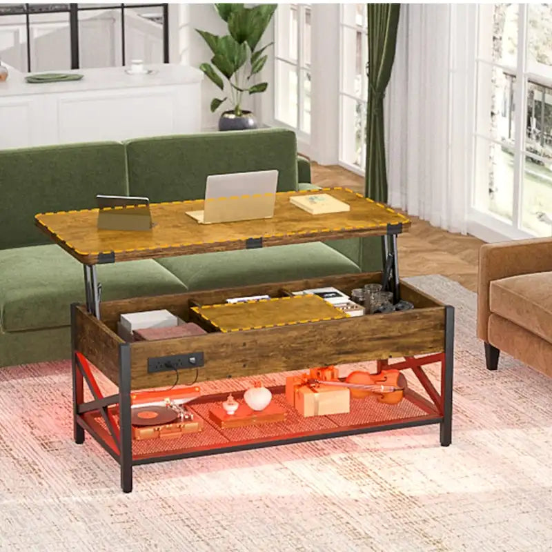 Table basse relevable avec LED et USB – Noir / Marron Rustique / Noyer Noir / Chêne Gris, Style Moderne, Simple