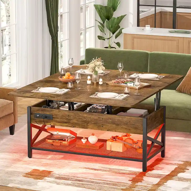 Table basse relevable avec LED et USB – Noir / Marron Rustique / Noyer Noir / Chêne Gris, Style Moderne, Simple