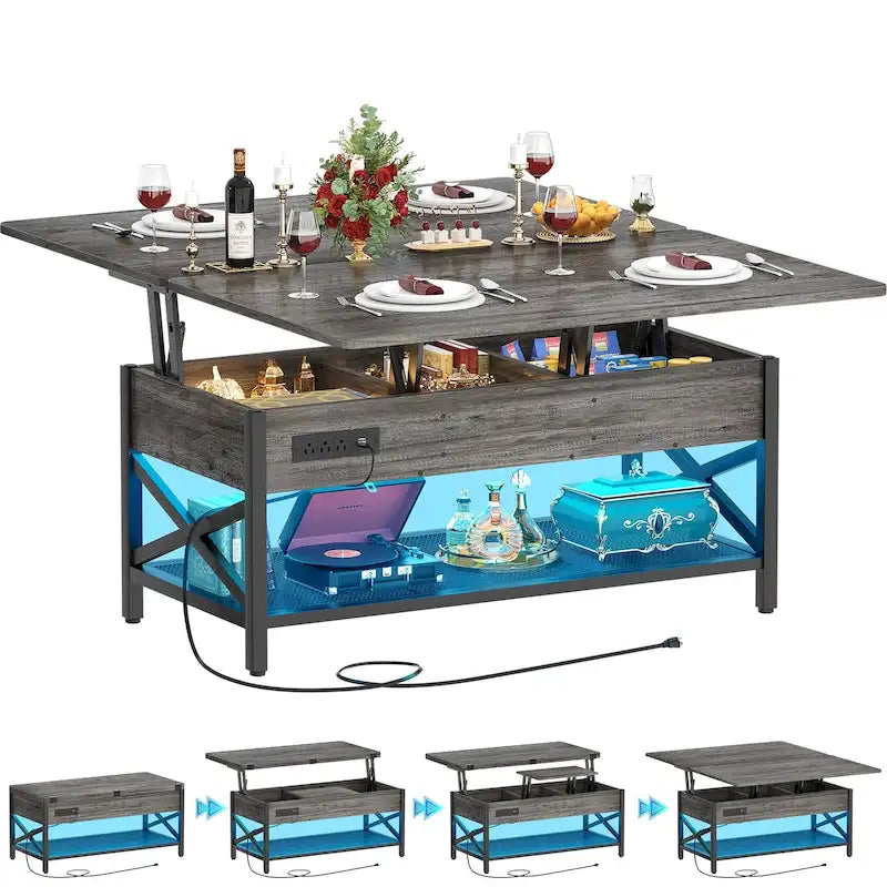 Table basse relevable avec LED et USB – Noir / Marron Rustique / Noyer Noir / Chêne Gris, Style Moderne, Simple