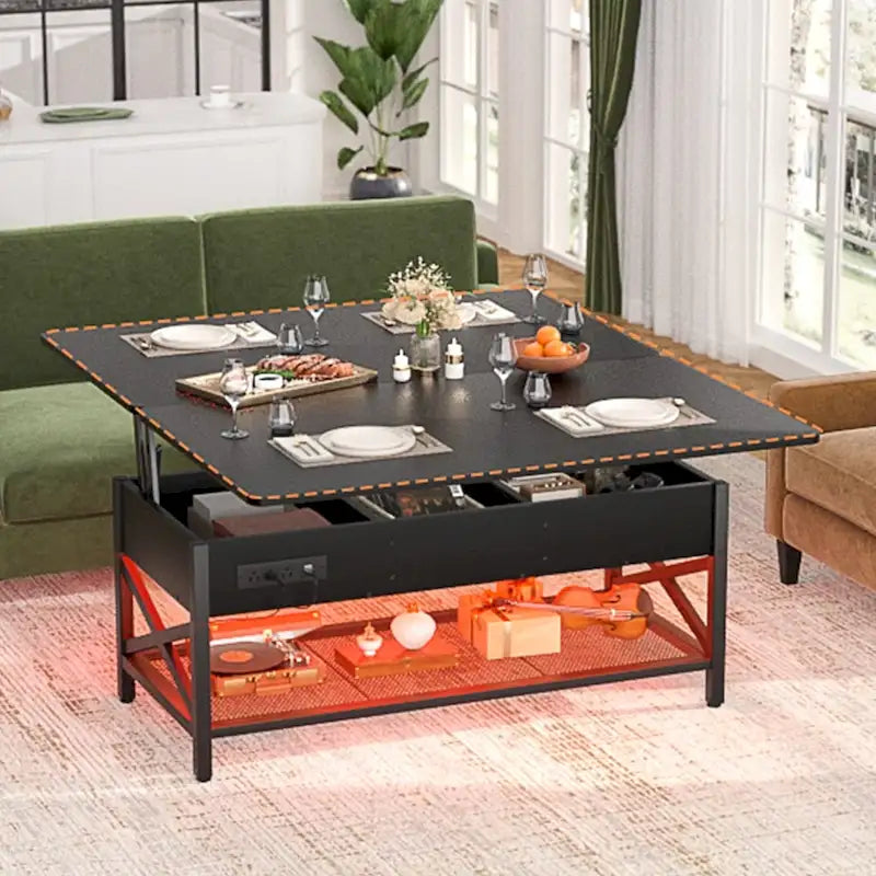 Table basse relevable avec LED et USB – Noir / Marron Rustique / Noyer Noir / Chêne Gris, Style Moderne, Simple