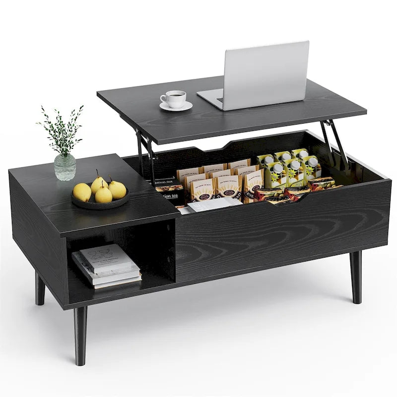 Table basse relevable avec rangement dissimulé et étagères latérales – Marron/Noir/Gris, Style moderne, Individuel