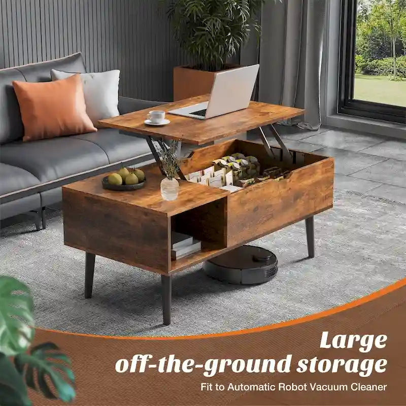 Table basse relevable avec rangement dissimulé et étagères latérales – Marron/Noir/Gris, Style moderne, Individuel