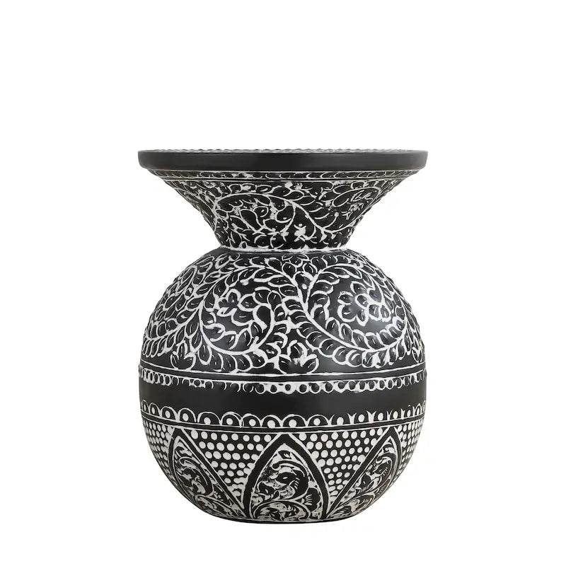 Table d'appoint bohème ronde avec plateau en fer et motif géométrique – Noir / Blanc vieilli, Style bohème, Simple