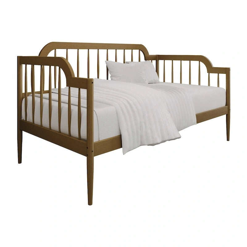 Lit de repos double à fuseaux en bois – Chêne clair / Noyer, Style minimaliste, Une place