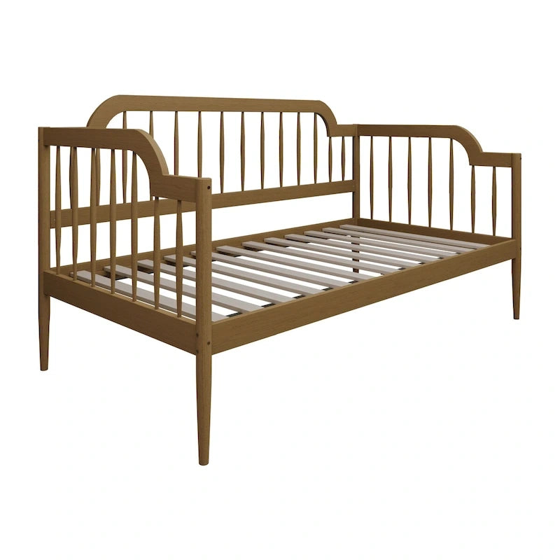 Lit de repos double à fuseaux en bois – Chêne clair / Noyer, Style minimaliste, Une place