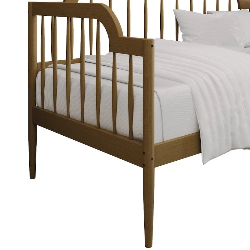 Lit de repos double à fuseaux en bois – Chêne clair / Noyer, Style minimaliste, Une place