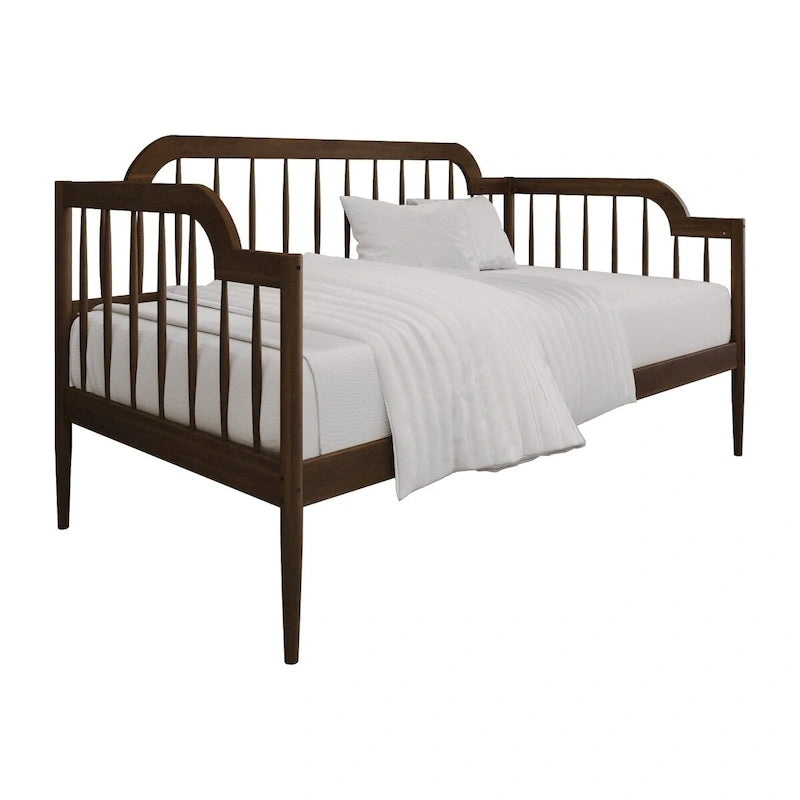 Lit de repos double à fuseaux en bois – Chêne clair / Noyer, Style minimaliste, Une place