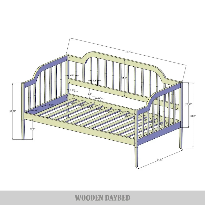 Lit de repos double à fuseaux en bois – Chêne clair / Noyer, Style minimaliste, Une place