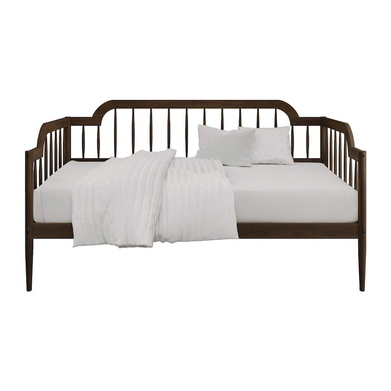 Lit de repos double à fuseaux en bois – Chêne clair / Noyer, Style minimaliste, Une place