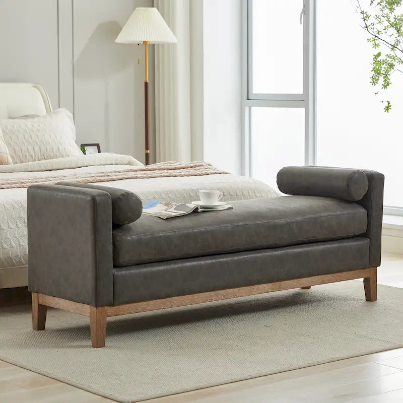 Banc de rangement capitonné avec pieds en bois massif – Similicuir gris / Similicuir marron / Boucle ivoire / Boucle noire, Style moderne, Individuel