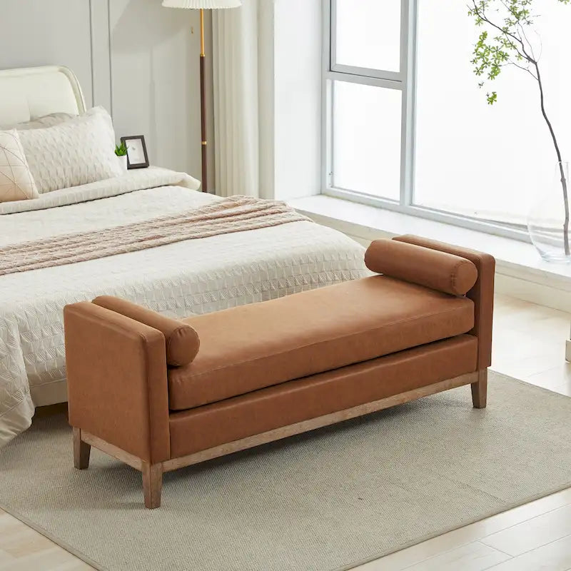 Banc de rangement capitonné avec pieds en bois massif – Similicuir gris / Similicuir marron / Boucle ivoire / Boucle noire, Style moderne, Individuel