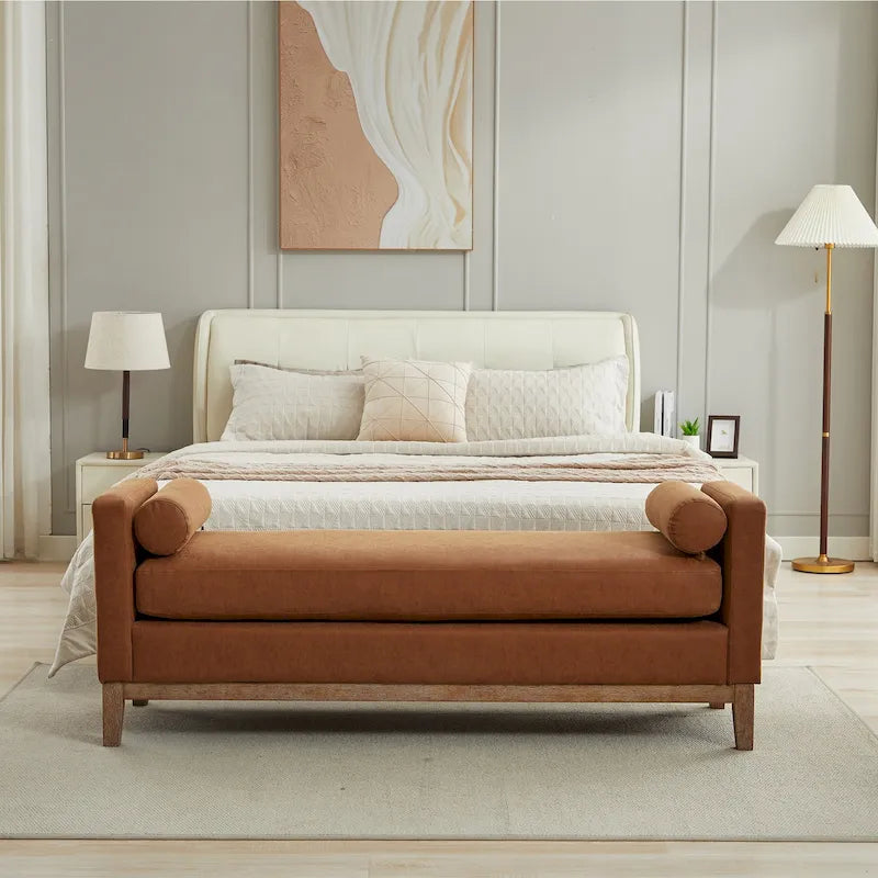 Banc de rangement capitonné avec pieds en bois massif – Similicuir gris / Similicuir marron / Boucle ivoire / Boucle noire, Style moderne, Individuel