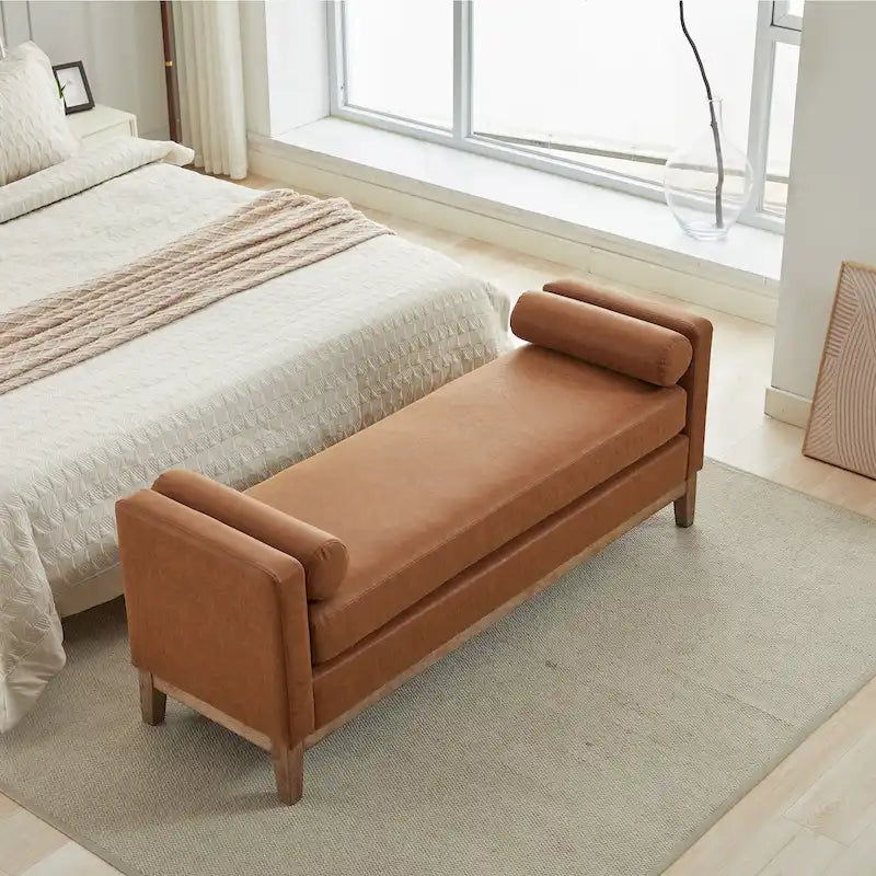 Banc de rangement capitonné avec pieds en bois massif – Similicuir gris / Similicuir marron / Boucle ivoire / Boucle noire, Style moderne, Individuel