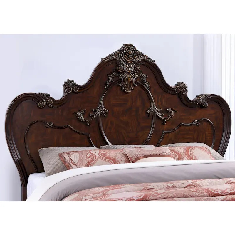 Lit panneau en bois massif sculpté – Blanc / Cerisier foncé, style traditionnel, simple