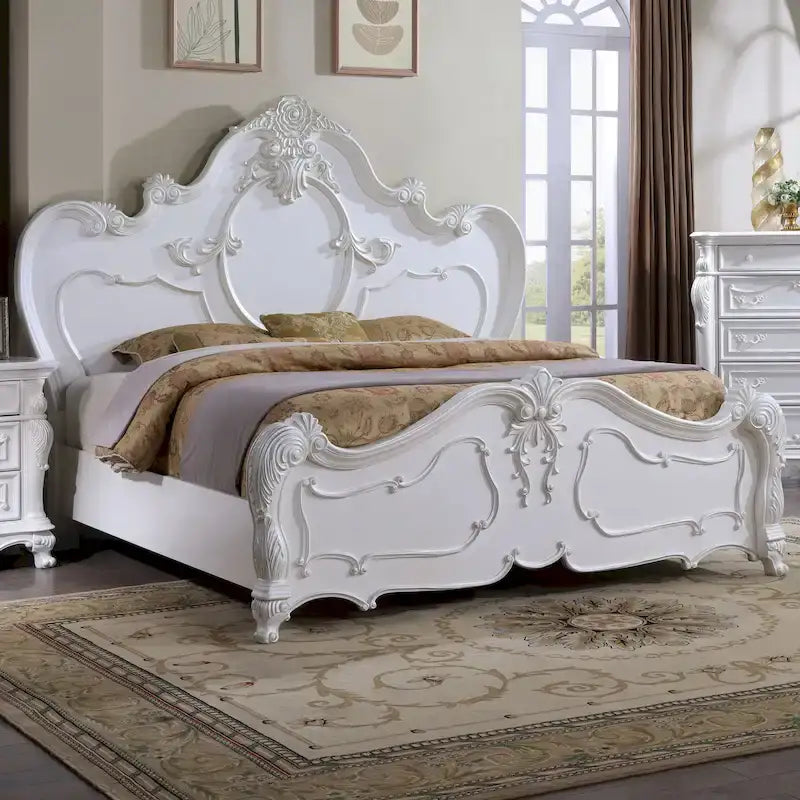 Lit panneau en bois massif sculpté – Blanc / Cerisier foncé, style traditionnel, simple