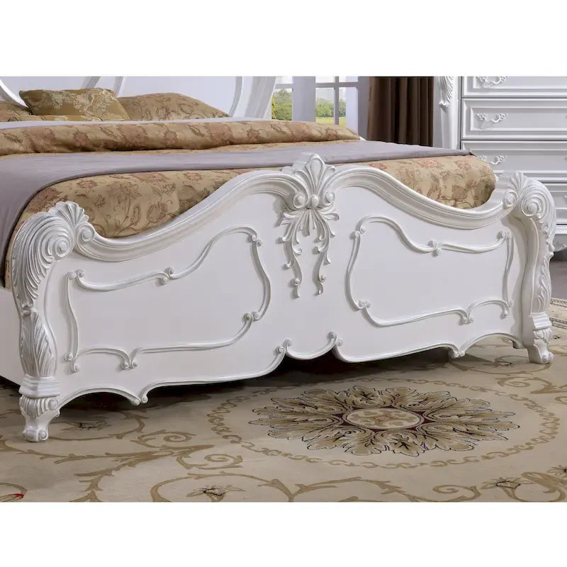Lit panneau en bois massif sculpté – Blanc / Cerisier foncé, style traditionnel, simple