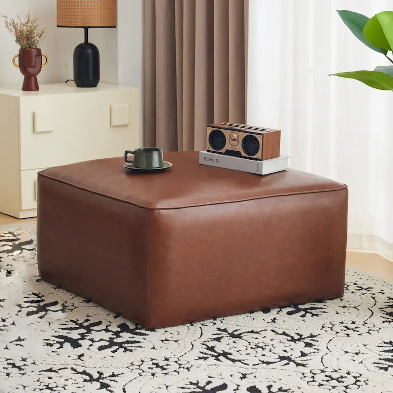 Pouf carré en similicuir avec ressorts ensachés – Vert olive / Tan / Noir / Beige / Crème / Bleu marine / Marron clair / Rose, style moderne, individuel