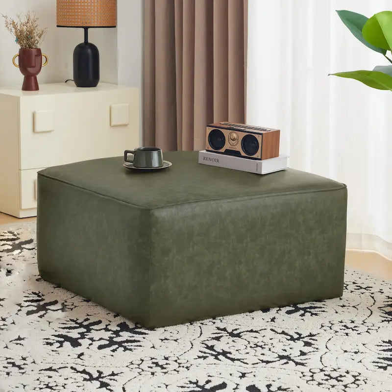 Pouf carré en similicuir avec ressorts ensachés – Vert olive / Tan / Noir / Beige / Crème / Bleu marine / Marron clair / Rose, style moderne, individuel
