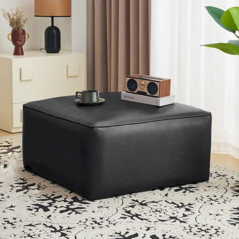Pouf carré en similicuir avec ressorts ensachés – Vert olive / Tan / Noir / Beige / Crème / Bleu marine / Marron clair / Rose, style moderne, individuel