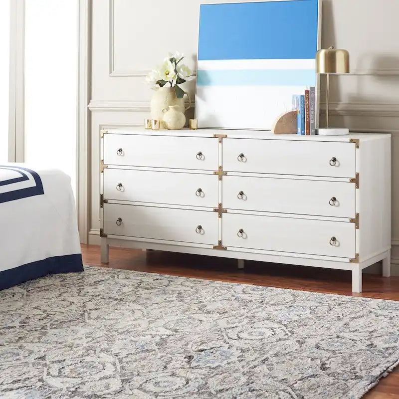 Commode à 6 tiroirs en placage – Blanc délavé / Noyer / Chêne / Noir avec quincaillerie dorée, style vintage, simple